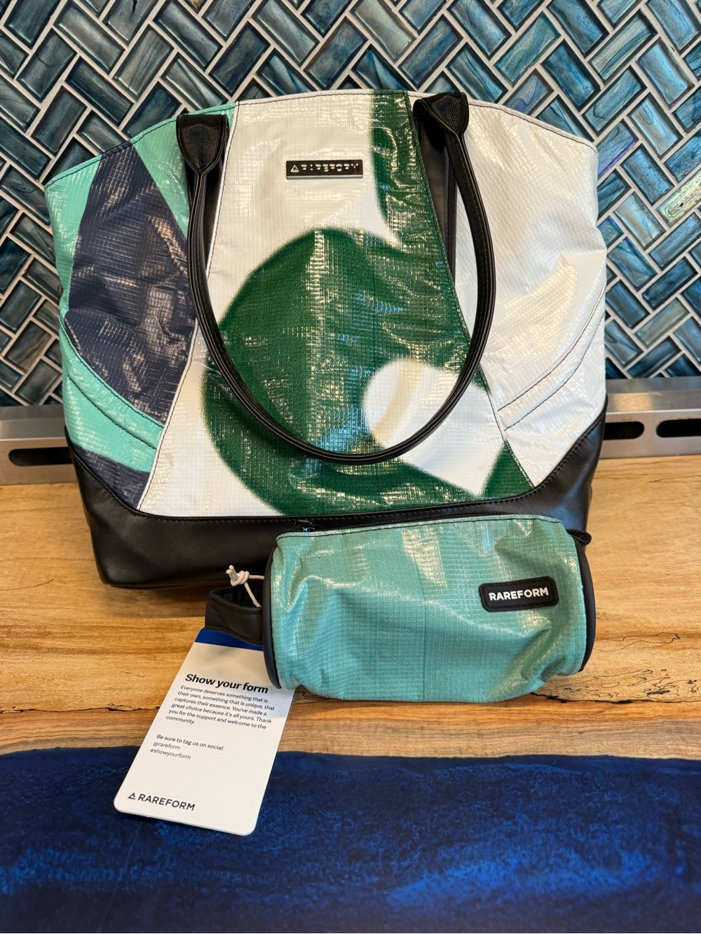 RAREFORM Green & White Patterned Tote with Matching Pouch